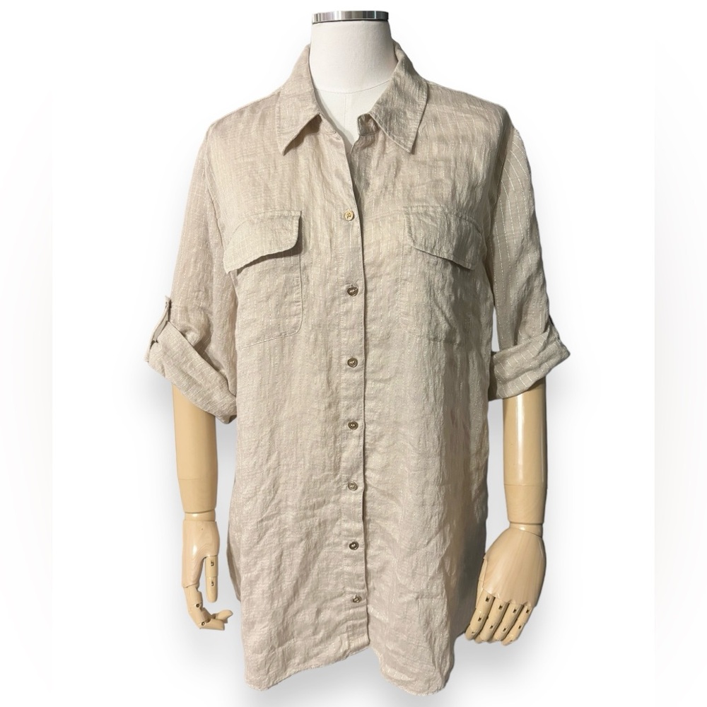 CHICO’S Tan Metallic Stripe Button Front Tunic Top